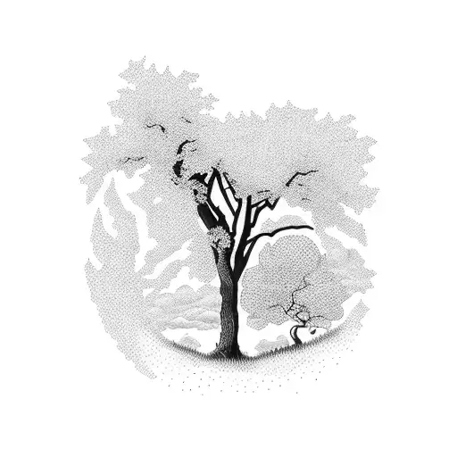 Silhouette Of A Man Sitting Under A Willow Tree On The Edge Of A Hill Overlooking A Small Town