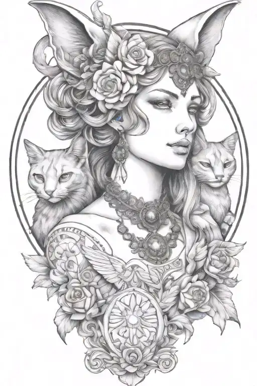 Freya Goddess Bust With 2 Small Cats Full Moon Feathers