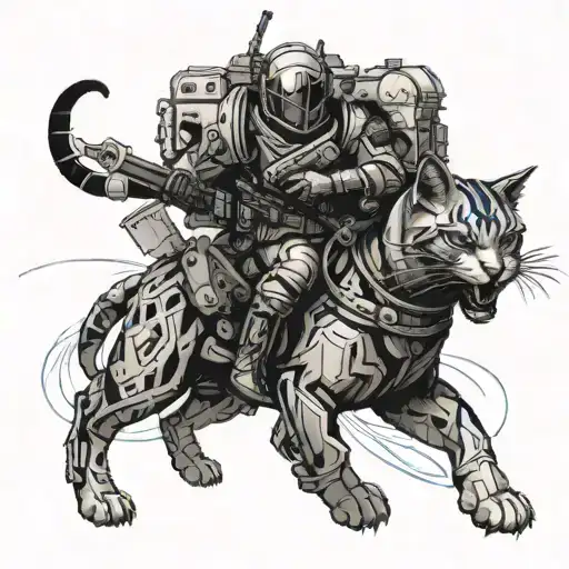 A Futuristic Soldier From A Video Game Riding A Giant Cat Into Battle
