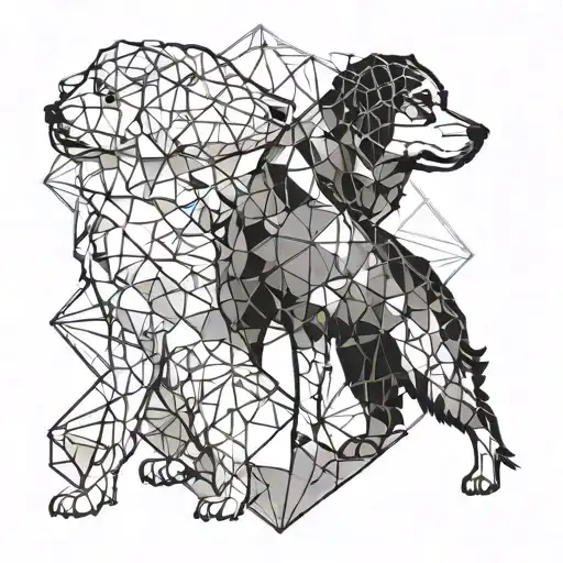 A Geometric Design Incorporating The Silhouettes Of A Golden Retriever And Husky Puppy