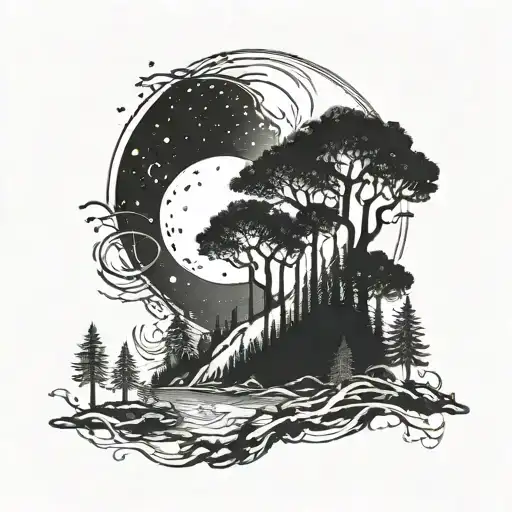 Vertical Tattoo With A Forest Scene At The Bottom And Changing To The Galaxy At The Top