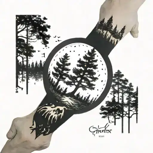 Long Forearm Vertical Tattoo With A Forest Scene At The Bottom And Changing To The Galaxy At The Top