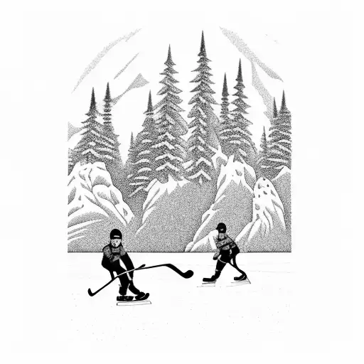 Pond Hockey Player Skating On Ice In The Forest With Mountains In The Background