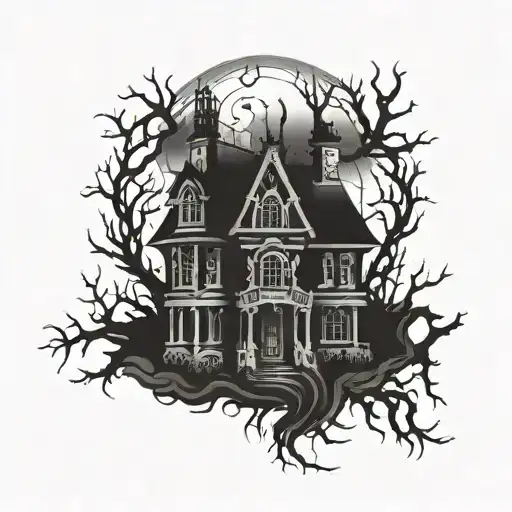 A Spooky Black And White Haunted House With A Skull As The Centerpiece