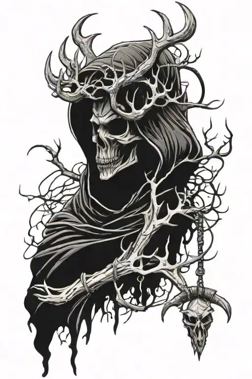 Hooded Reaper Silhouette With Deer Antlers And Snke Coiling