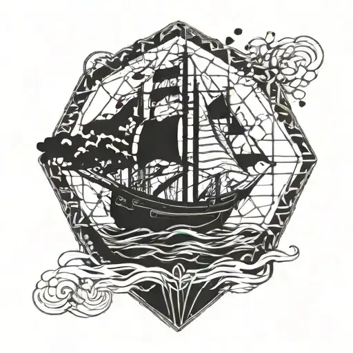 A Unique Combination Of A Boat And A Sea Tree Intertwined In A Geometric Pattern