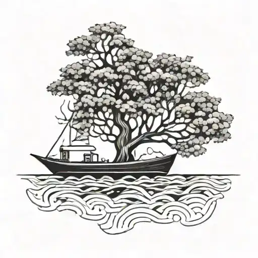 A Minimalist Design Of A Tree Growing On A Boat Floating In The Sea