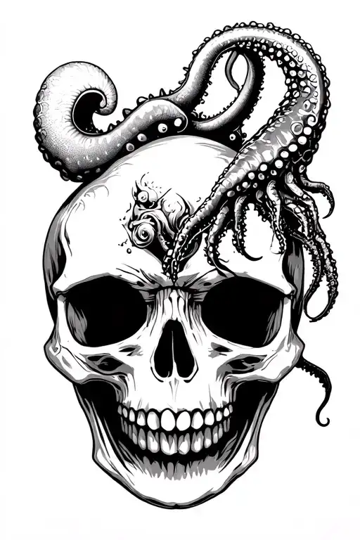 Skull Open Mouth Facing Slighly To The Right Side With A Squid Sitting On Its Head