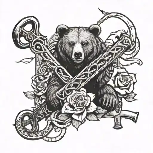 Christian Cross With Roses And A Bear And Snake And Fish With Fishing Pole And A Mountain Bike