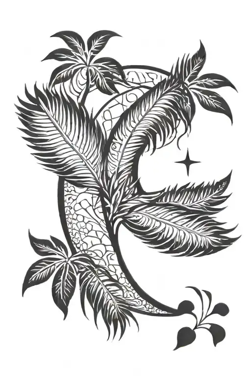 Feathers Morphing Into Palm Tree Leaves Under A Crescent Moon