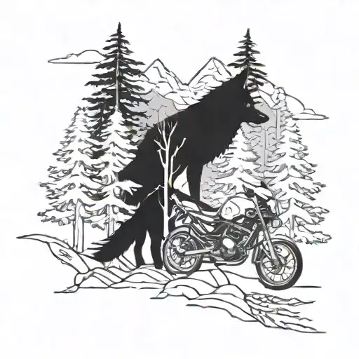 A Nature Scene With Wolves And Motorbikes Hidden Within The Trees And Mountains