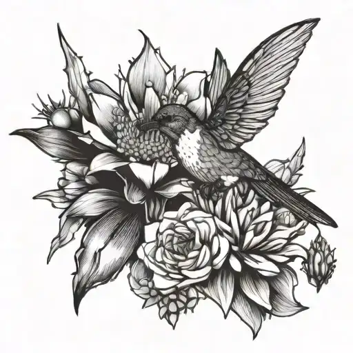 A Blackwork Tattoo Of A Hummingbird Feeding From A Cactus Flower
