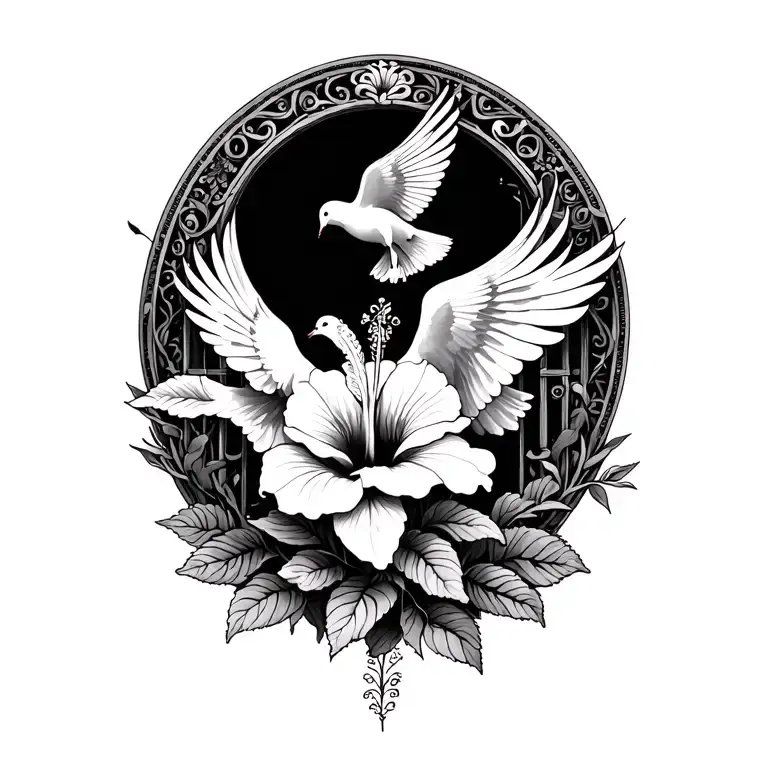 Dove Around Gates To Heaven With A Hibiscus Flower