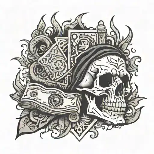Skull And Money With Flames Right Arm Sleeve