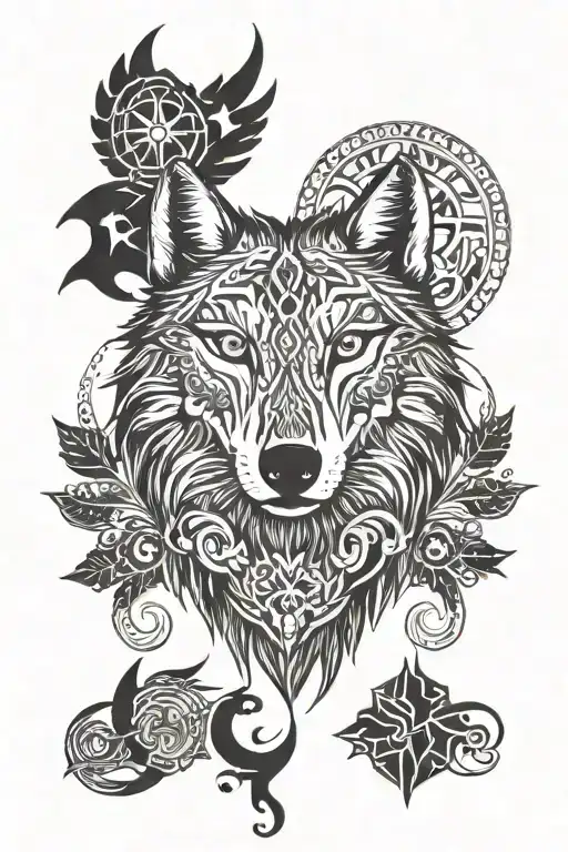 Wolf Head Surrounded By Kazakh Ornaments Suncross On The Top And Eagle