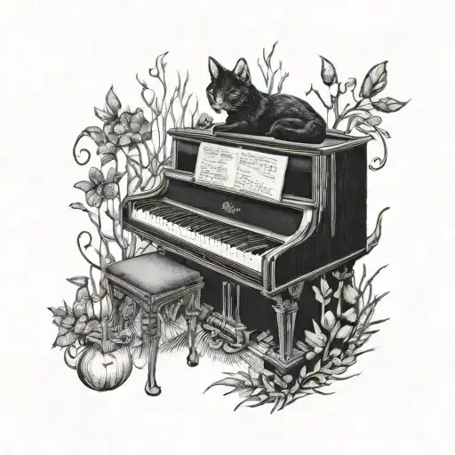 A Blackwork Tattoo Of A Cat Playing A Piano In A Whimsical Forest Setting