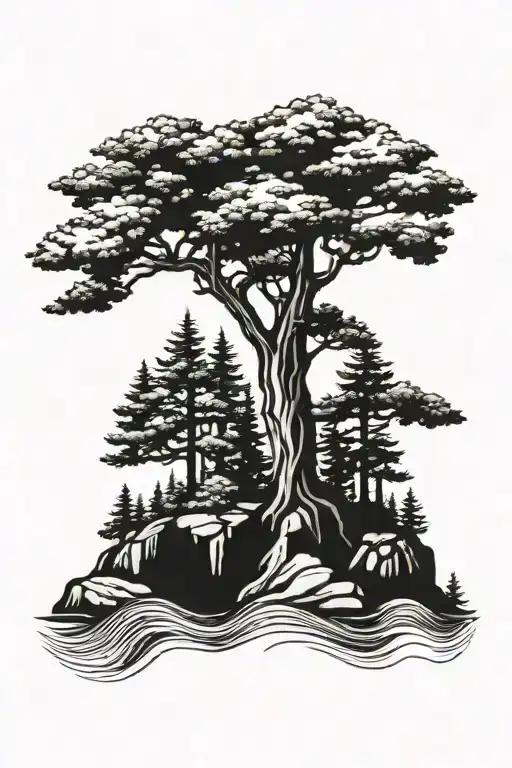 Pine Tree On A Floating Island Black And White