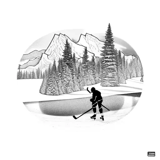 Realistic Pond Hockey Player Skating On Ice In The Forest With Mountains In The Background