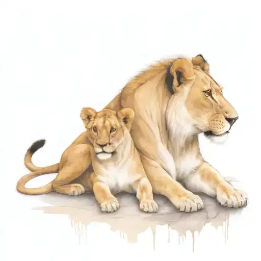A Lioness Representing The Client's Wife With Three Lion Cubs Symbolizing Their Sons