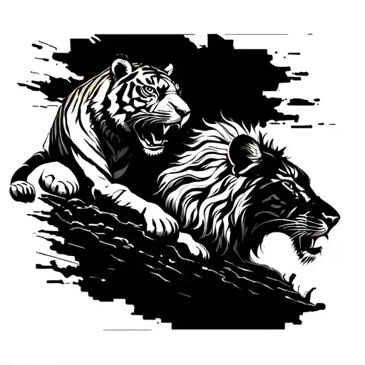 A Futuristic Scene Of A Tiger And Lion Battling In A Virtual Reality Video Game Setting