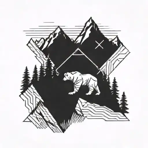 A Geometric Mountain Landscape With A Bear Silhouette Hiking Up The Peak