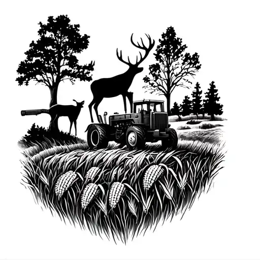 Deer On A Hill With Corn And Trees And A Tractor And Shotgun