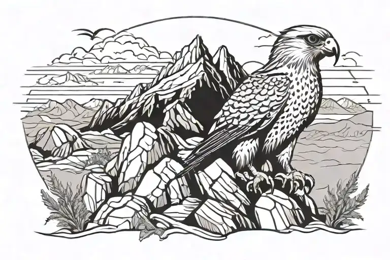 Mountains With One Periguine Falcon Perched On Rocks Surrounded
