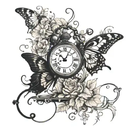 A Butterfly Connected To A Broken Clock By A Vine