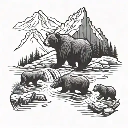 A Family Of Bears Fishing In A River Surrounded By Mountains