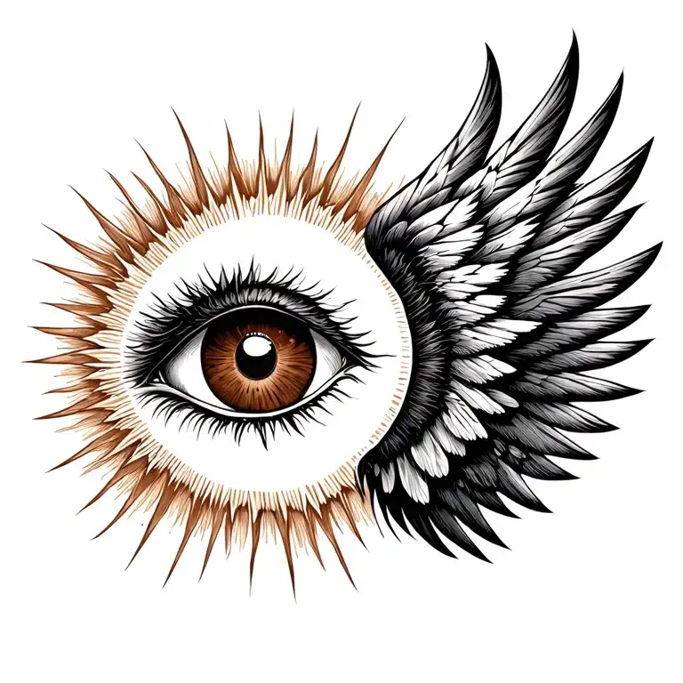 A Brown Eye And Behind Wings Flying Towards The Sun