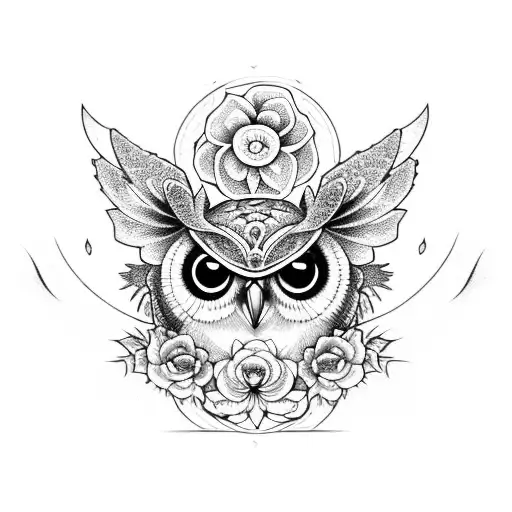 A Owl With Flowers And Dragon-fly Around