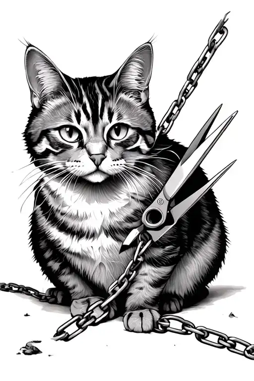 A Cat That Is Trying To Break Away From Chains With Scissors