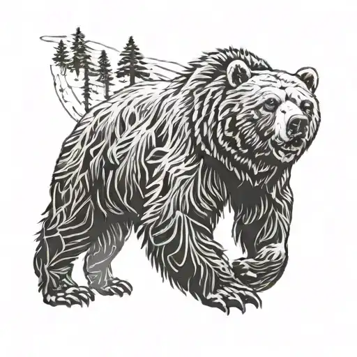 A Majestic Blackwork Tattoo Of A Roaring Grizzly Bear In The Wilderness