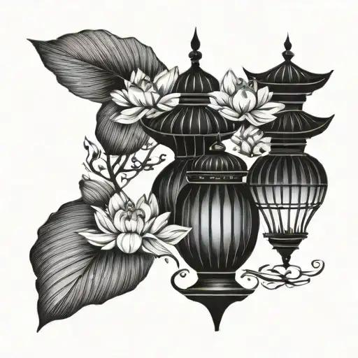 Design A Simple Tattoo With The Theme Of Hoi An Lanterns And Lotus Flowers