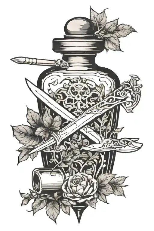 Sword With Herbs And 2 Potion Bottle Pouring