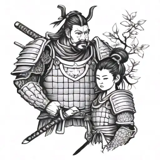 Japanese Samurai Daddy And Daughter Wearing Armor
