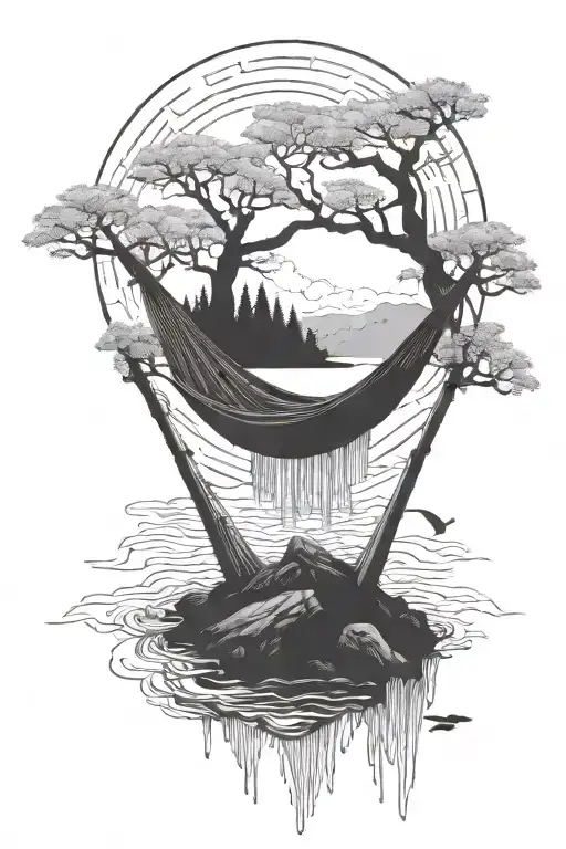 A Empty Hammock In The Woods Beside A Raging River With A Majestic Waterfall