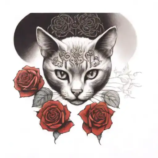 A Cat With Green Eyes And Red Roses