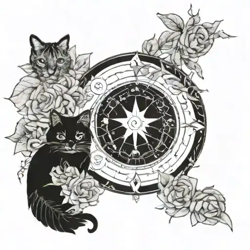 A Blackwork Tattoo Of An Astronomy-themed Wreath With Lucky Cat And Tarot Symbols Intertwined