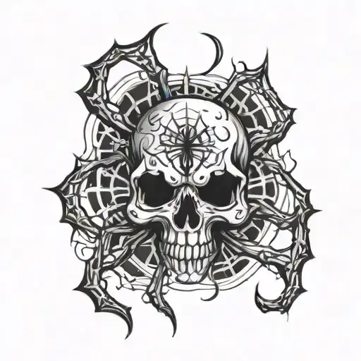 A Tattoo Design Combining A Skull And A Spider In A Gothic Style