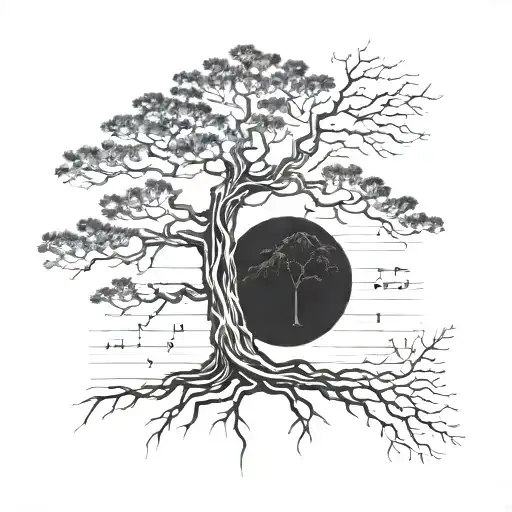 A Detailed Blackwork Tattoo Of A Sequoia Tree With Musical Notes Intertwined In The Branches