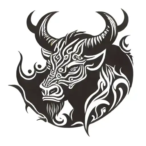 A Tribal-inspired Tattoo Of A Minotaur In A Stoic Pose With Flames In The Background