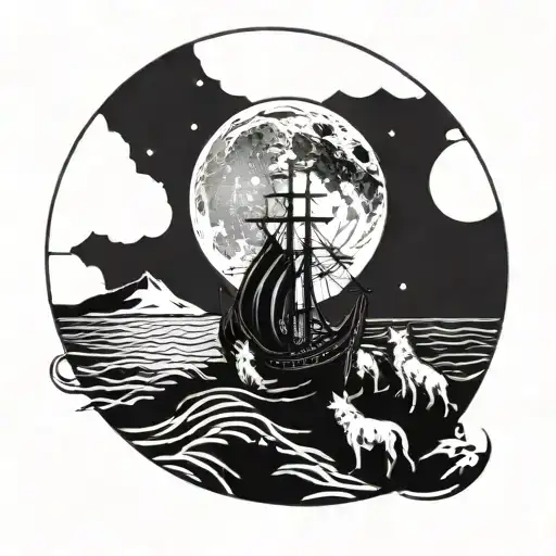 Viking Longship Sailing Under A Full Moon With A Pack Of Wolves Howling In The Background