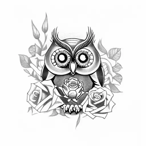 Owl With Pocket Watch And Roses