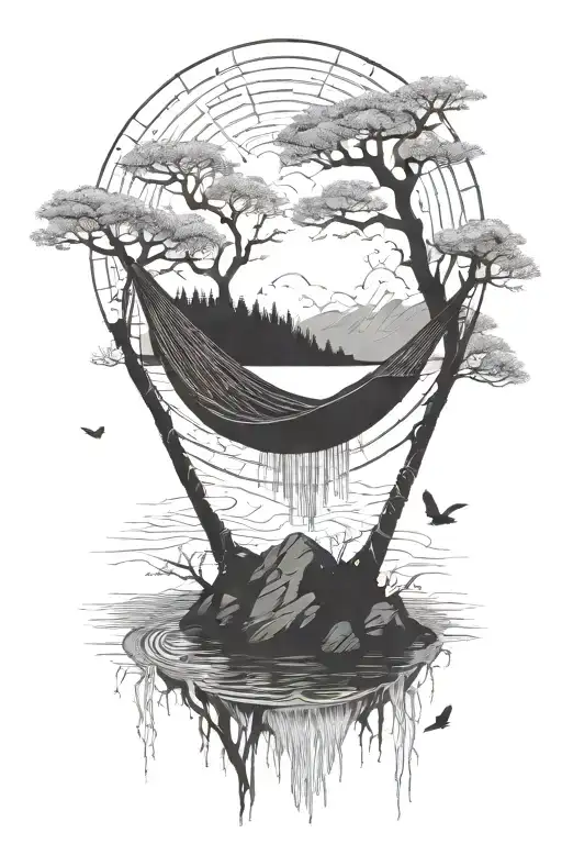 A Empty Hammock In The Woods Beside A Raging River With A Majestic Waterfall