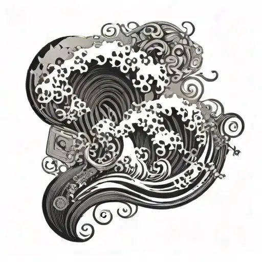 An Ocean Wave Made Up Of Intricate Music Notes And Instruments Crashing Against A Rocky Shore