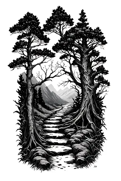 Extremely Realistic Nature Landscape Mountain Path With Beatiful Trees And Thorns Vines Overgrown