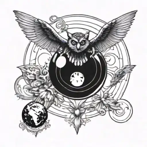 A Dark And Mysterious Blackwork Design Of The Flying Monkeys Circling Around A Crystal Ball