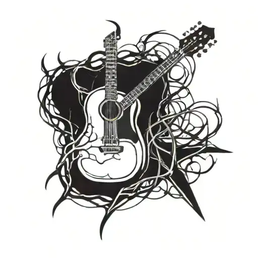 A Stylized Tattoo Of A Guitar With A Crown Of Thorns Wrapped Around The Neck