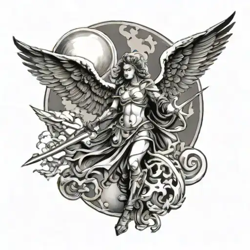 Angel With Sword And A Cross Dark Clouds And A Moon With Lightning